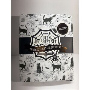 Envogue QUEEN 4pc Sheet Set Good Luck Halloween Black Cat NewPumpkin Bats Spider